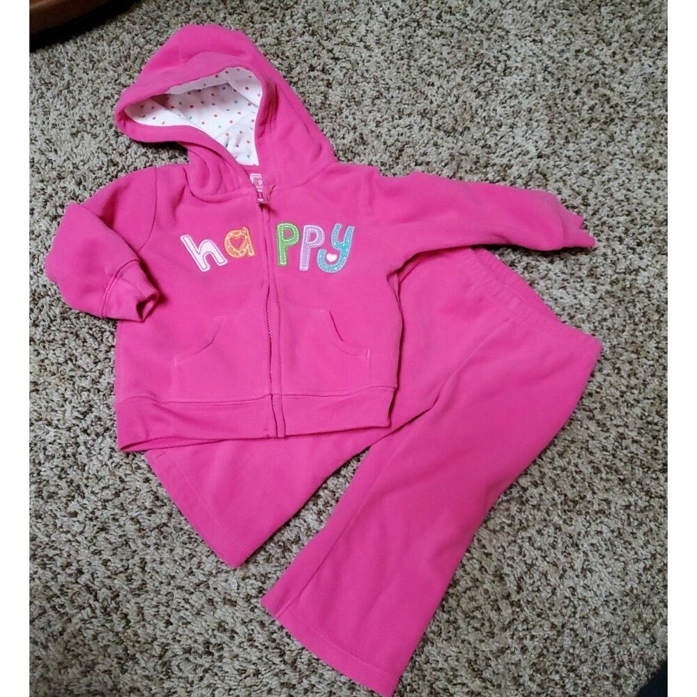 Girl's pink Carter's 9 month hooded HAPPY sweat jacket and pants outfit set